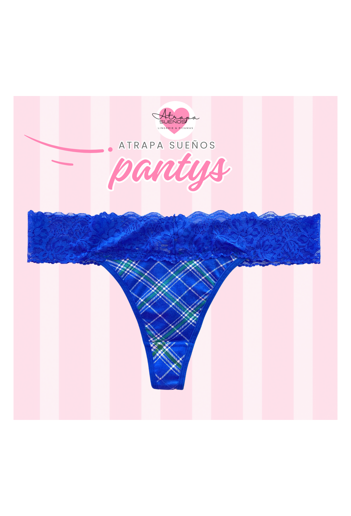 Panty azul con lineas en tonos verdes y encaje