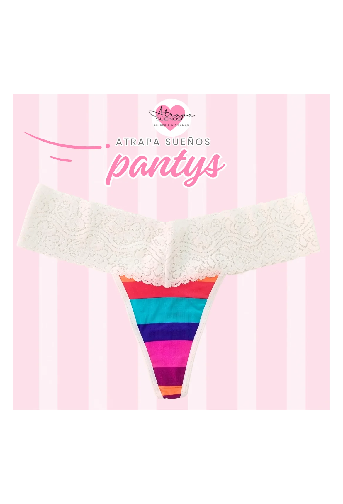 Panty tanga colorido con encaje blanco