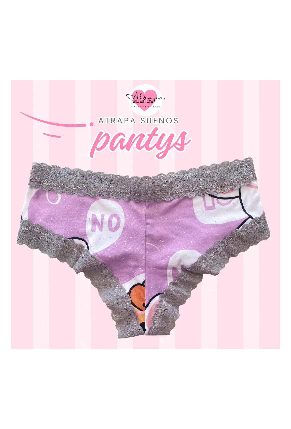 Panty lila con toques de encaje gris estampado