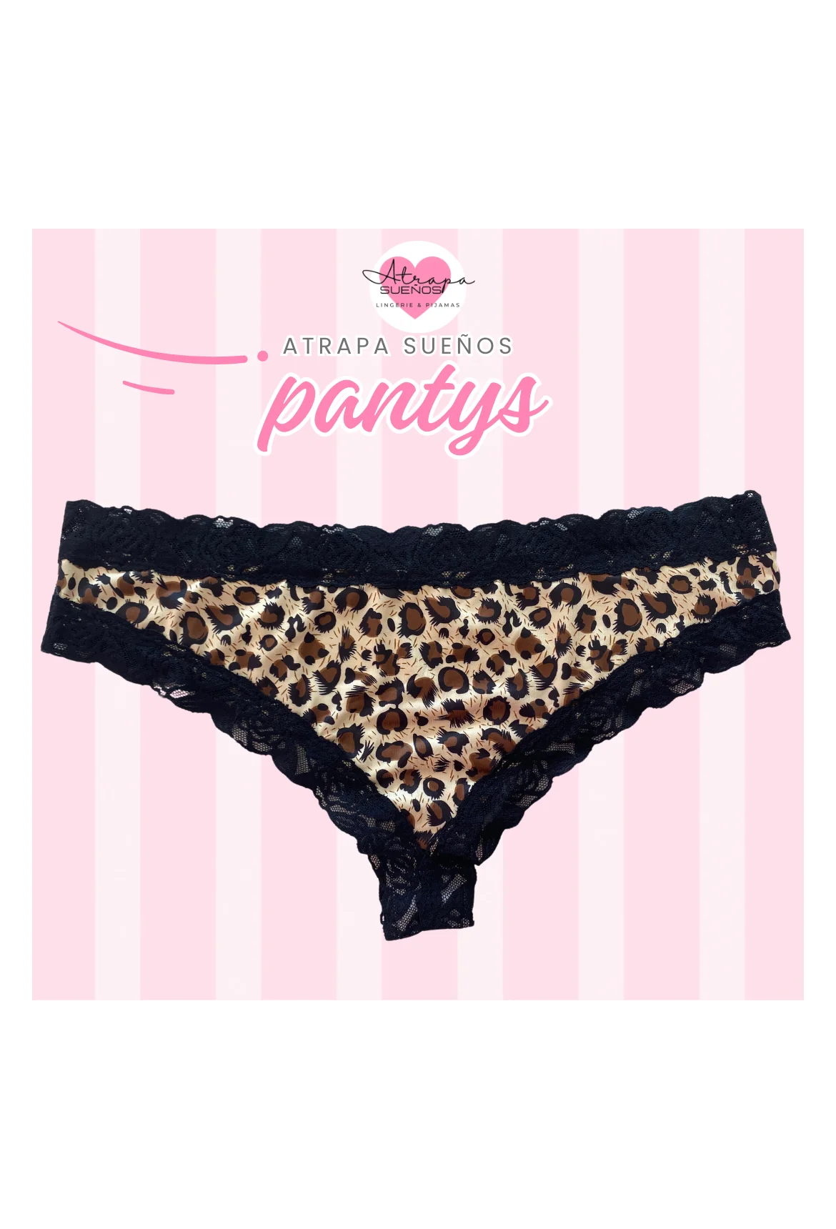 Panty de encaje negro con estampado de animal print marron