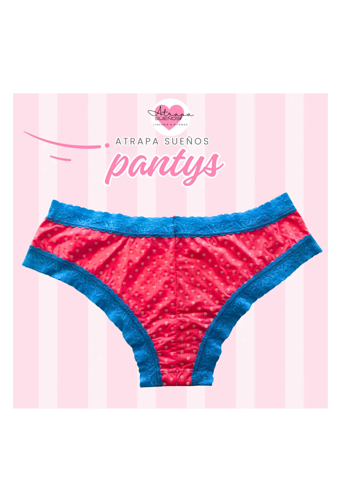 Panty rosado con estampado de puntos blancos y bordes de encaje celeste