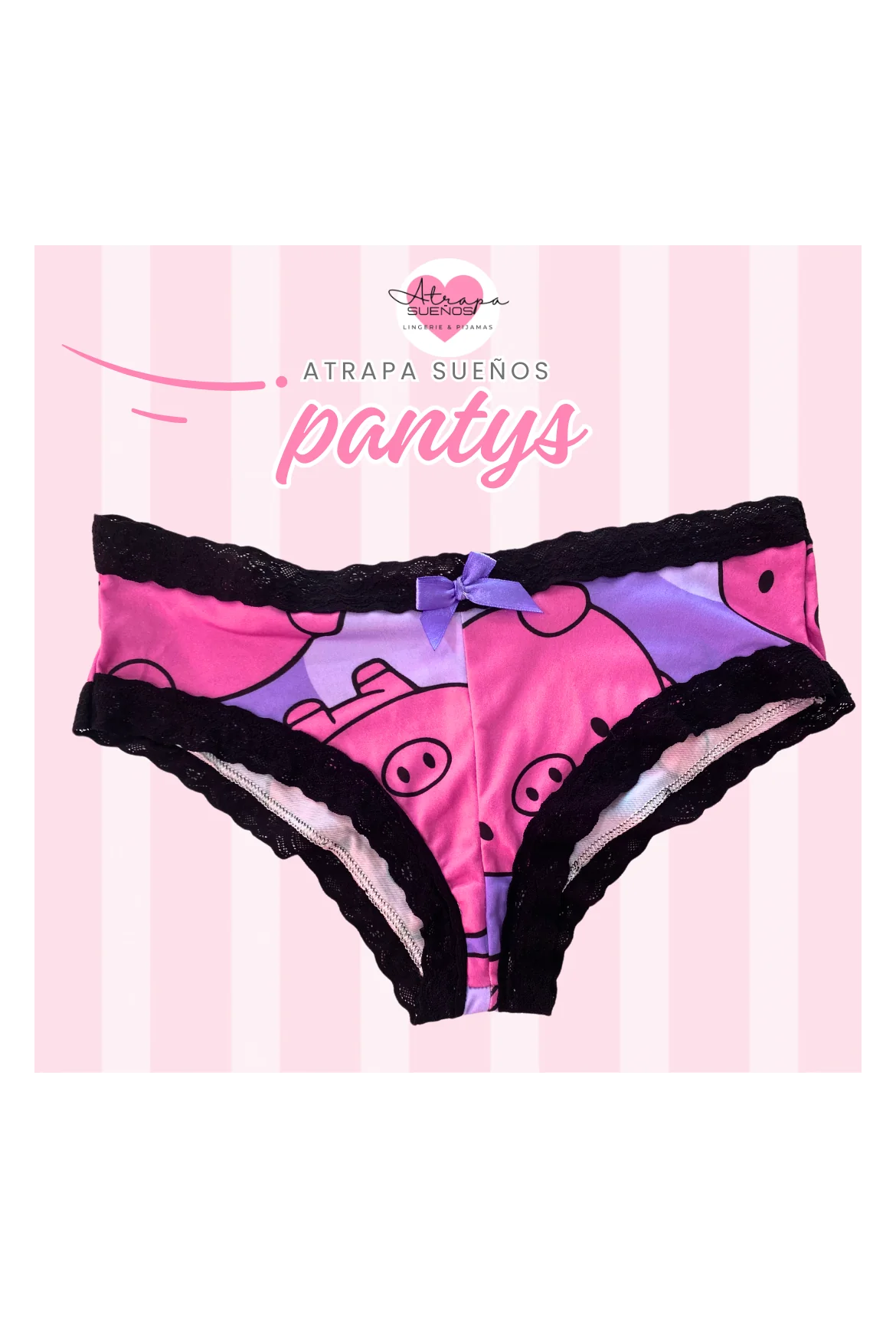 Panty morado con estampado de cerditos y encaje negro