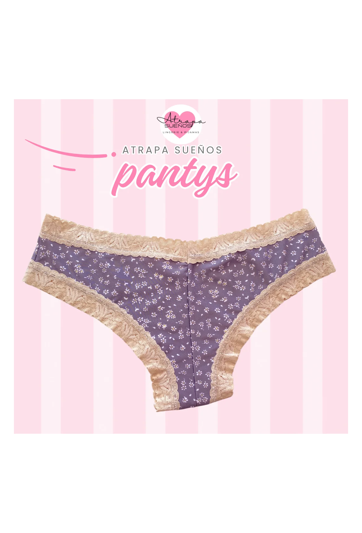 Panty Lila con estampado floral y encaje crema