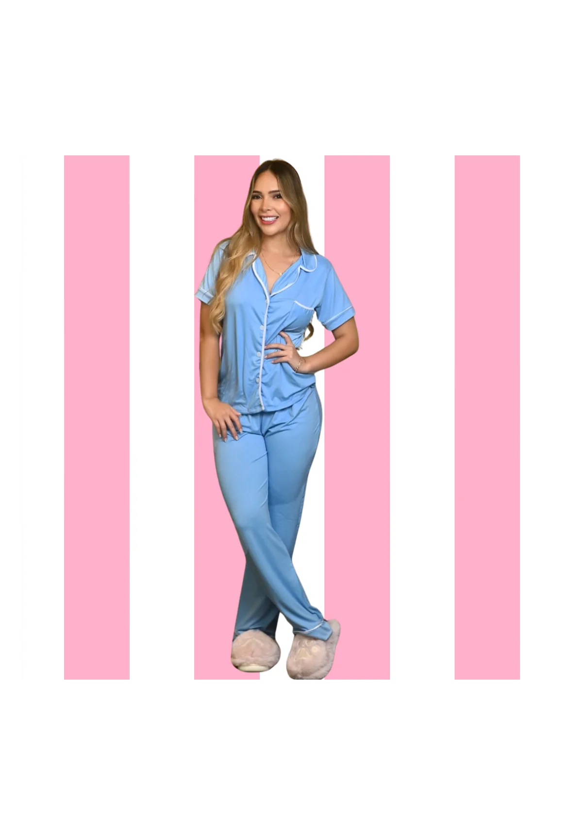 Pijama de botones celeste con pantalon largo